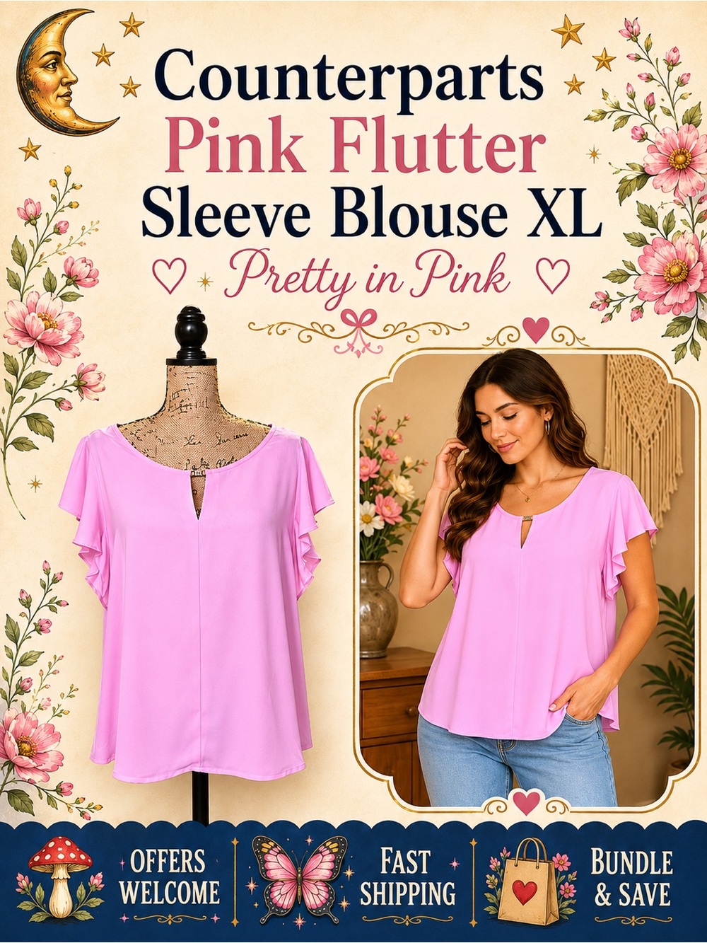 Counterparts Pink Flutter Sleeve Blouse Size XL Keyhole Neck Top